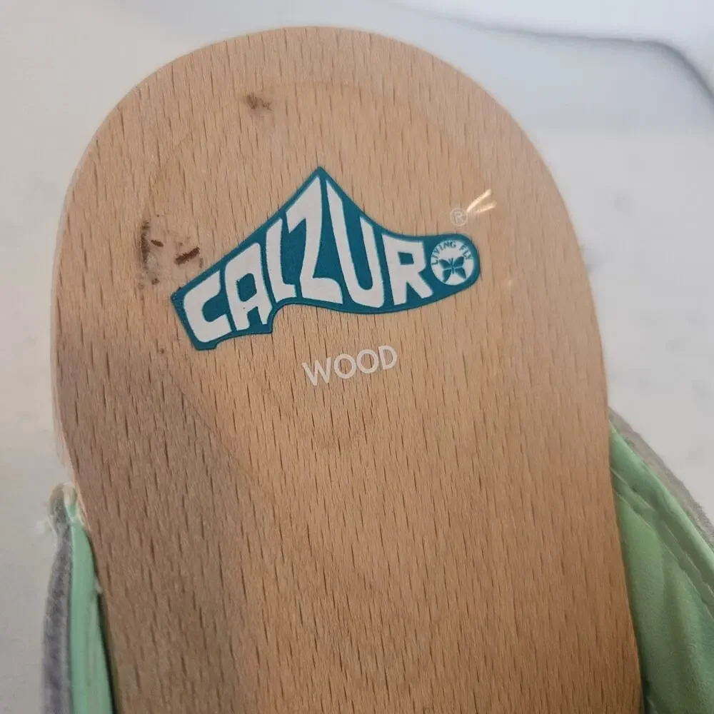 Calzuro Wood Clogs Light Aqua Green Perforated Leather Size 36 US 6.5-7